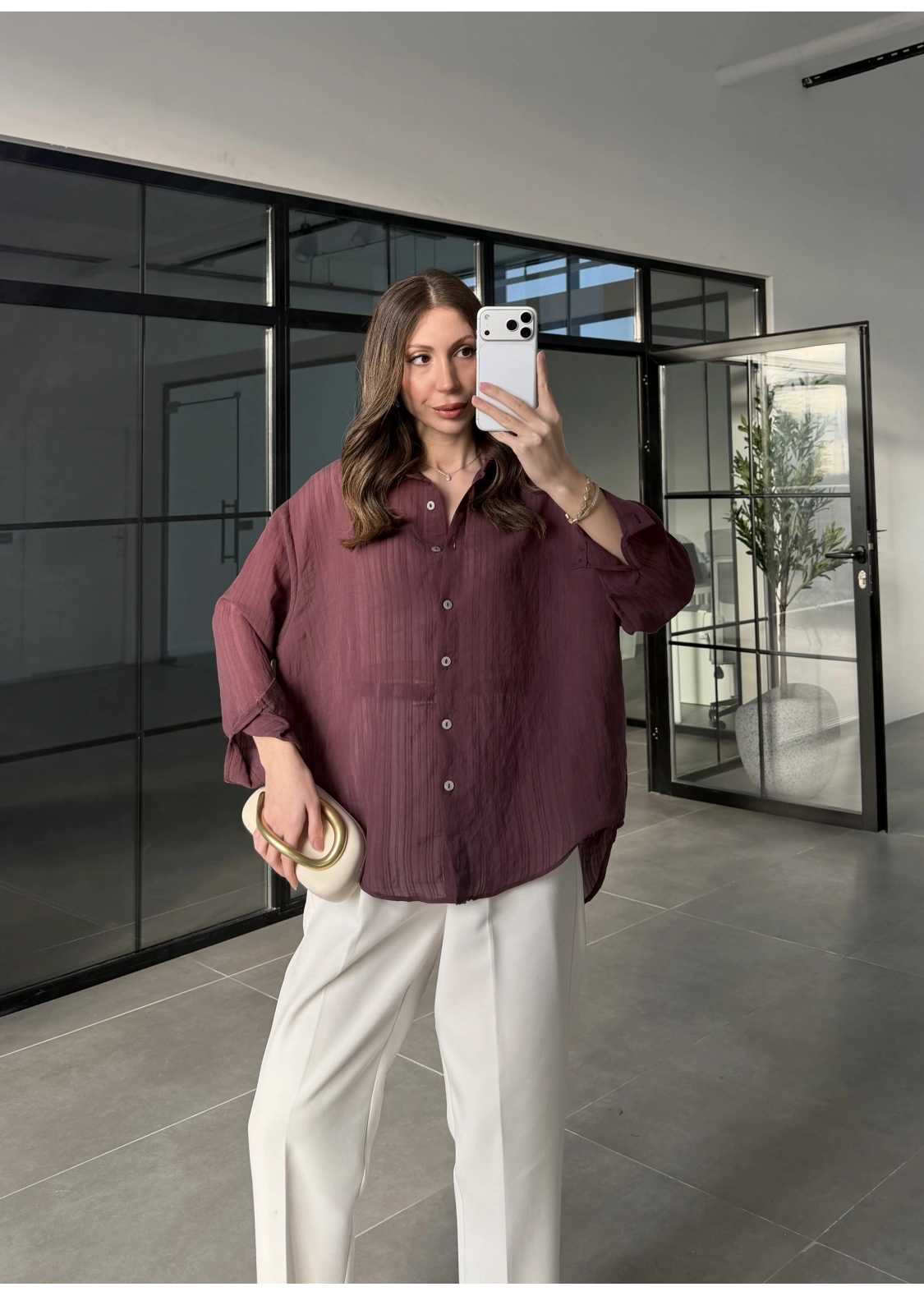 Oversize Transparan Mürdüm Gömlek