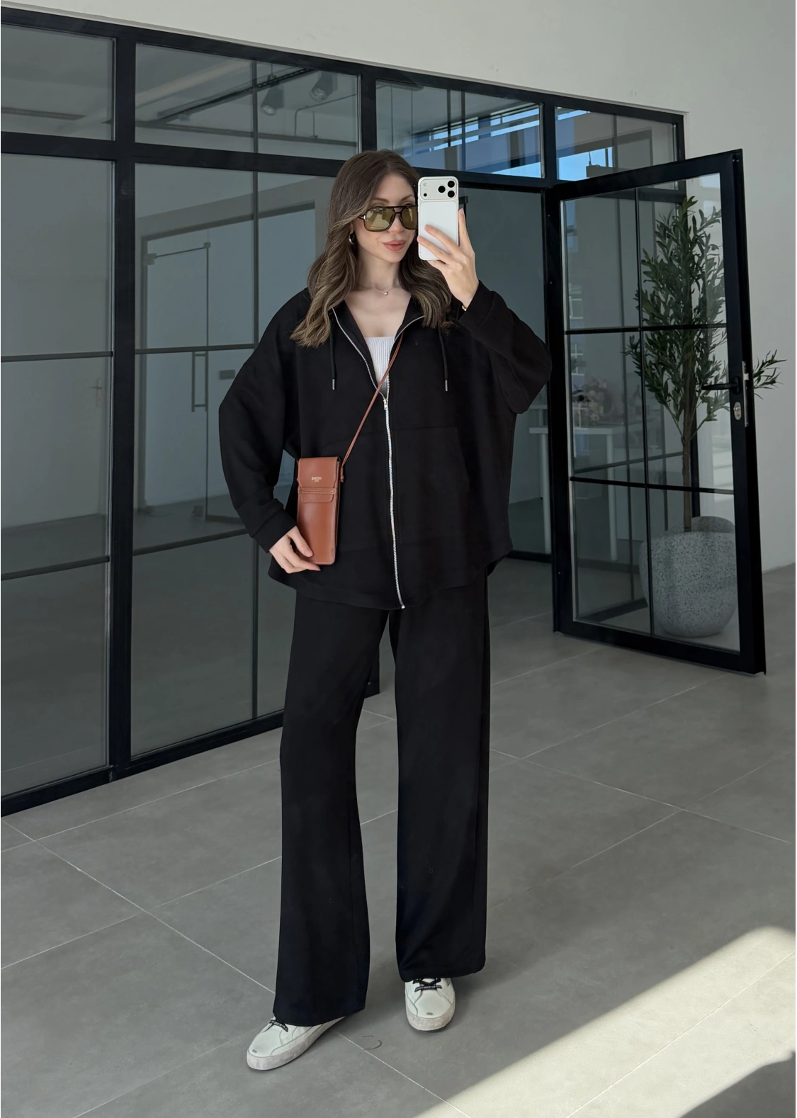 Kapüşonlu Oysh Kumaş Fermuarlı Siyah Spor Takım