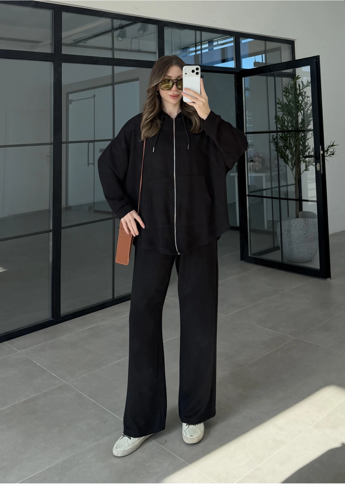 Kapüşonlu Oysh Kumaş Fermuarlı Siyah Spor Takım