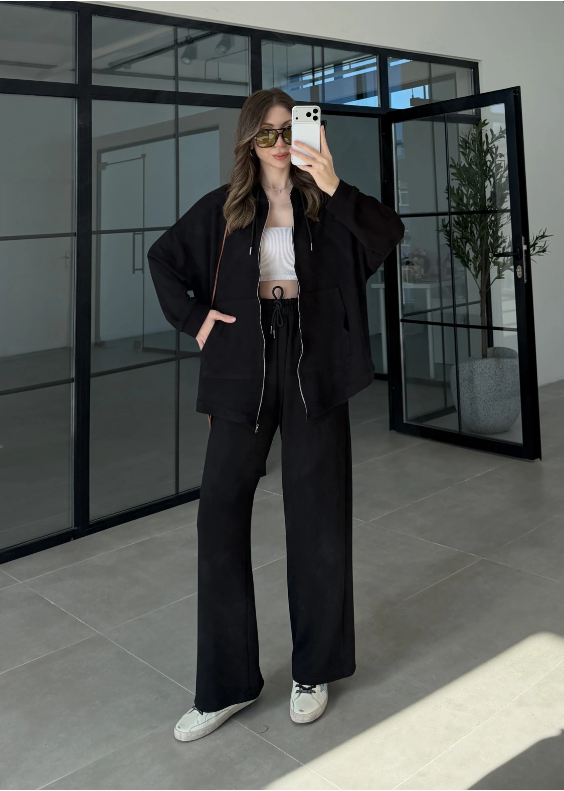 Kapüşonlu Oysh Kumaş Fermuarlı Siyah Spor Takım