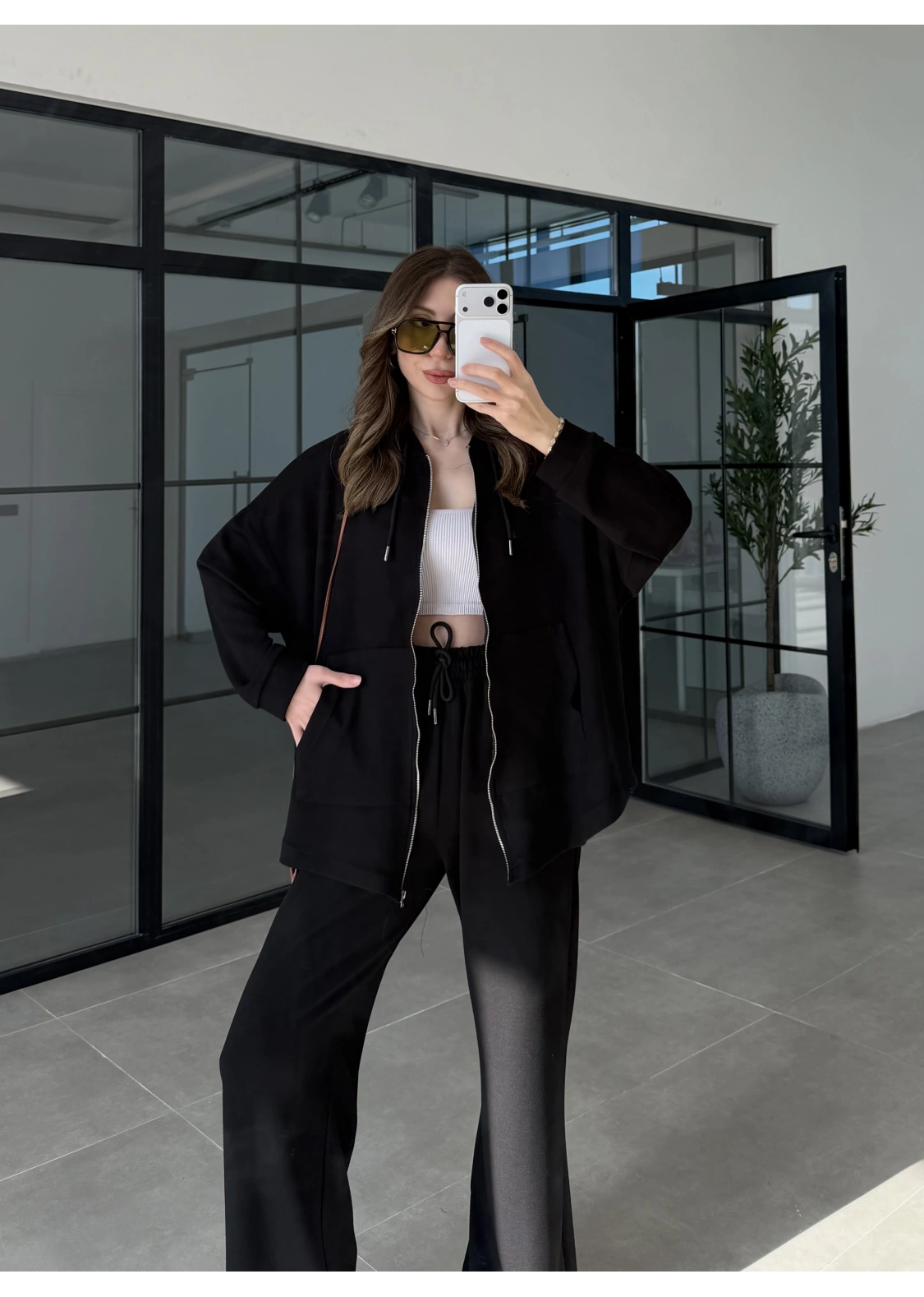 Kapüşonlu Oysh Kumaş Fermuarlı Siyah Spor Takım