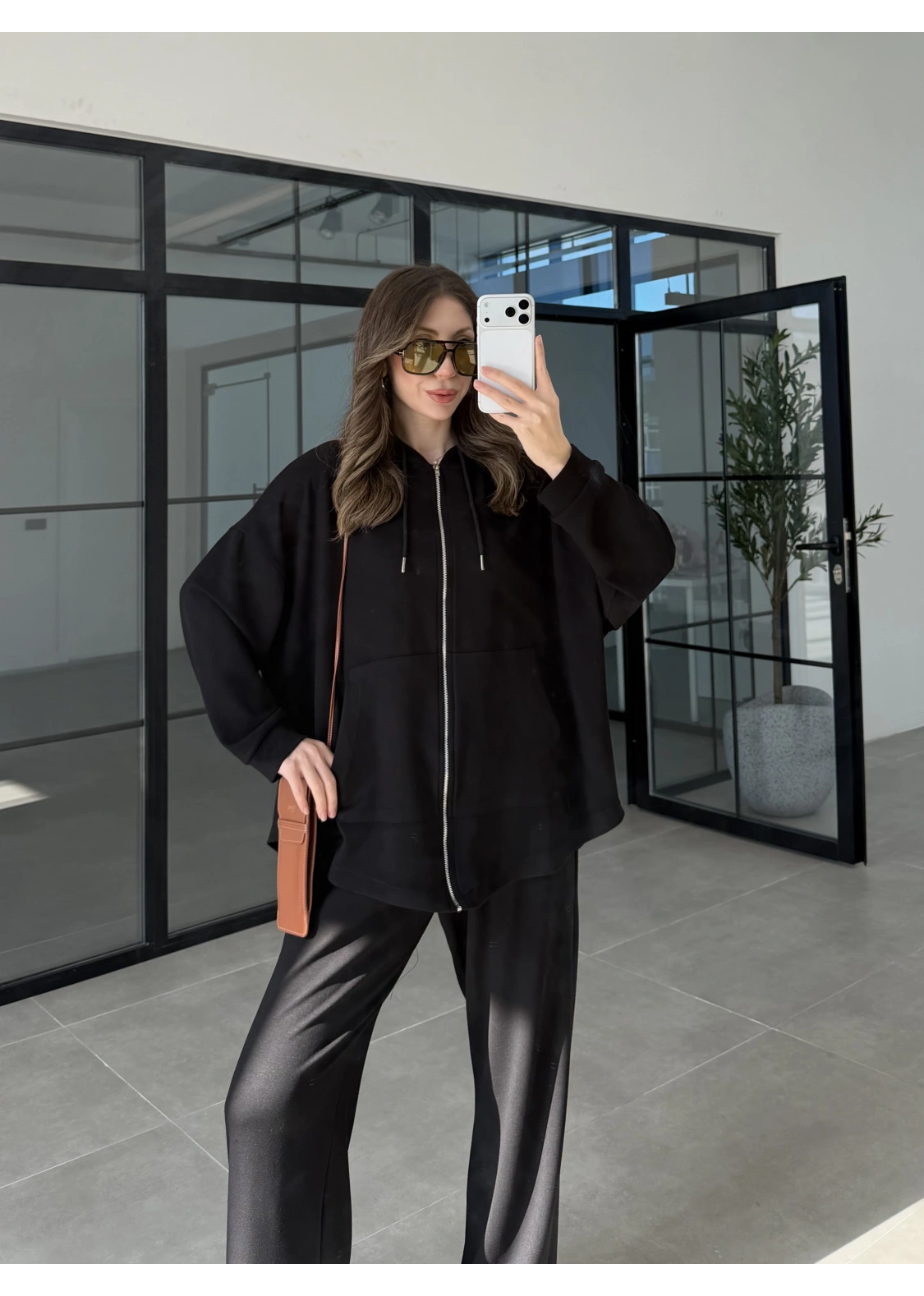 Kapüşonlu Oysh Kumaş Fermuarlı Siyah Spor Takım