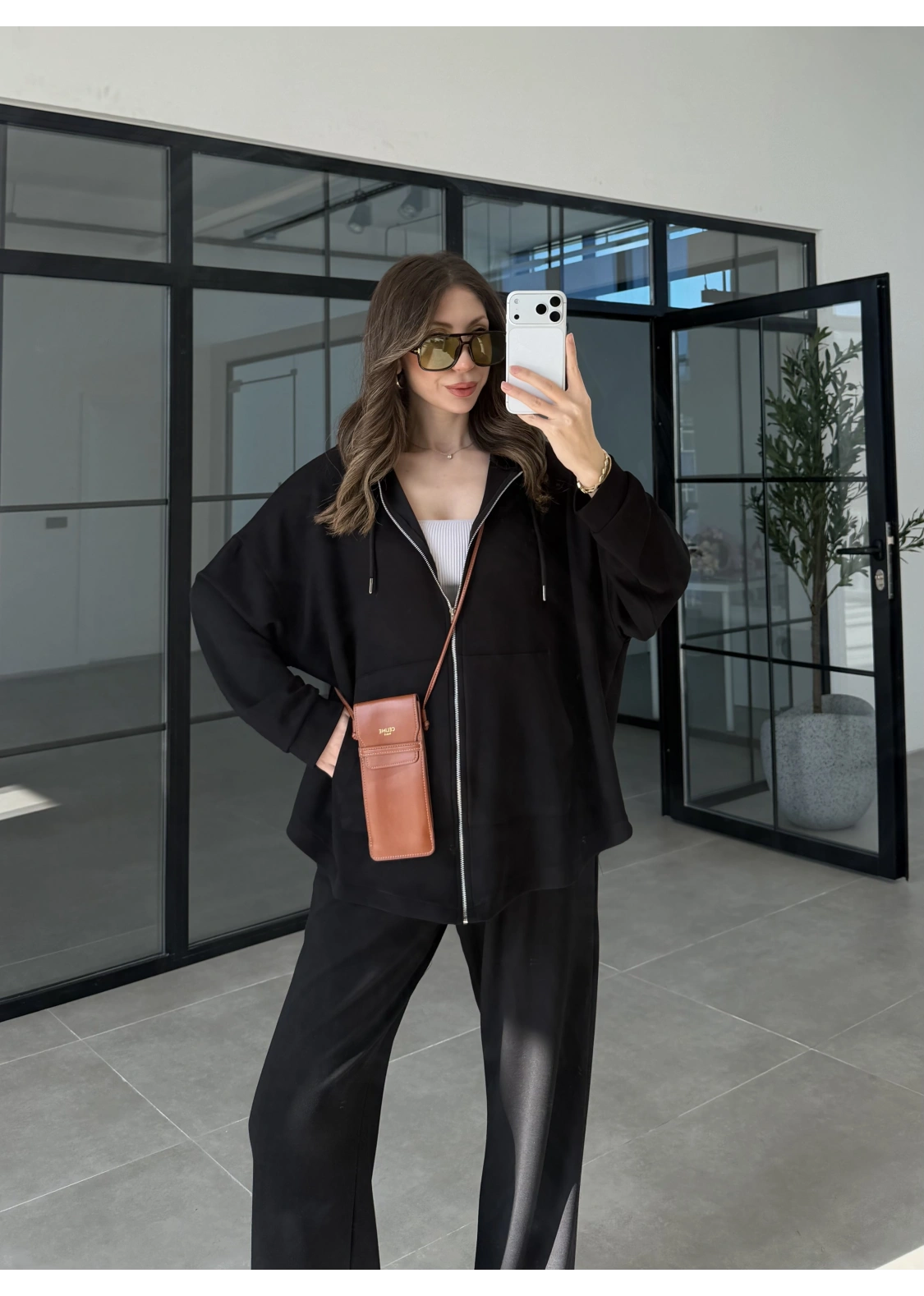 Kapüşonlu Oysh Kumaş Fermuarlı Siyah Spor Takım