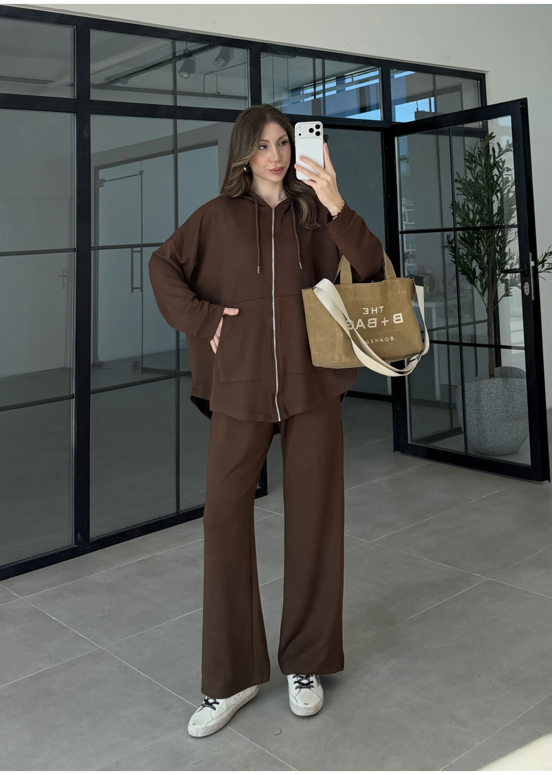 Kapüşonlu Oysh Kumaş Fermuarlı Kahve Spor Takım