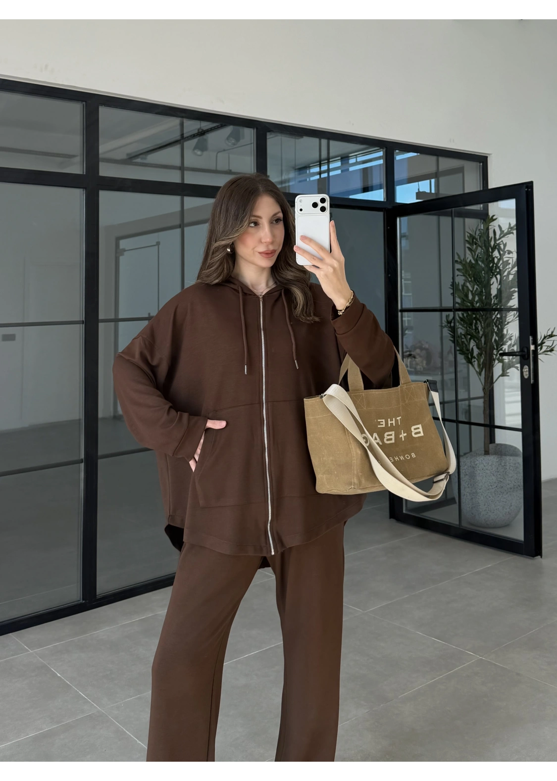 Kapüşonlu Oysh Kumaş Fermuarlı Kahve Spor Takım