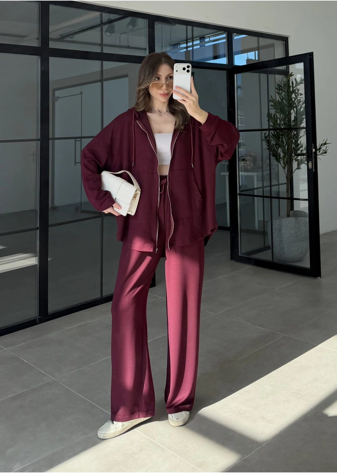 Kapüşonlu Oysh Kumaş Fermuarlı Bordo Spor Takım