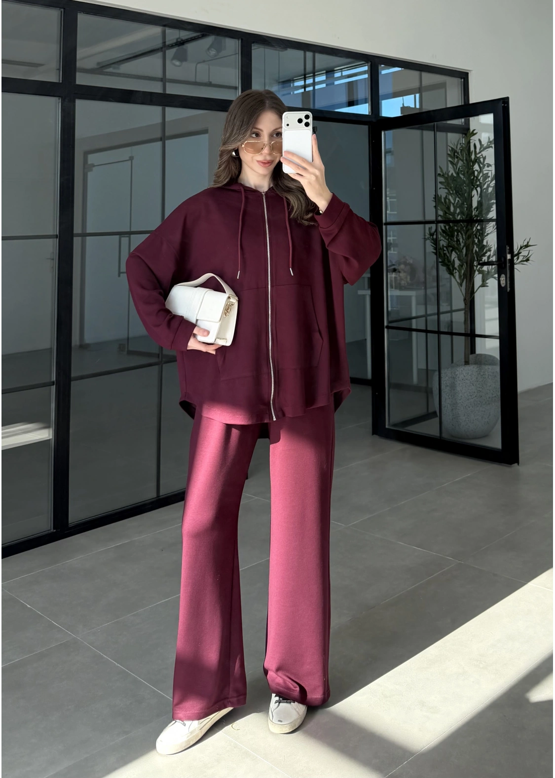 Kapüşonlu Oysh Kumaş Fermuarlı Bordo Spor Takım