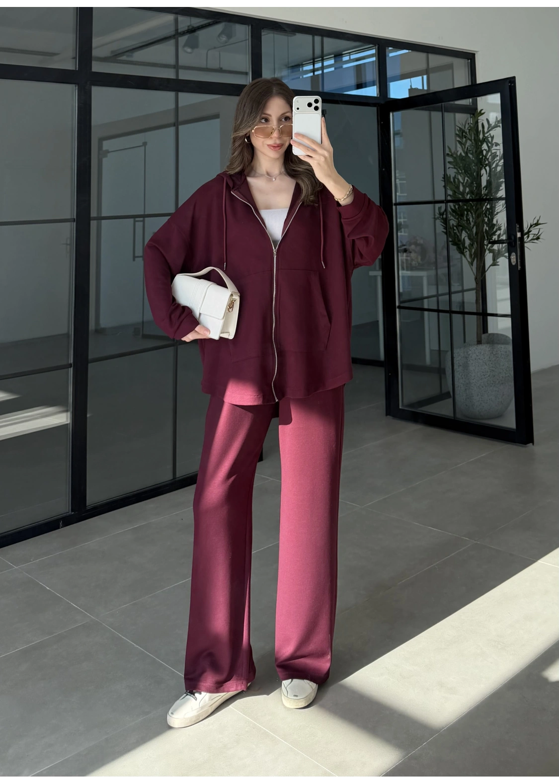 Kapüşonlu Oysh Kumaş Fermuarlı Bordo Spor Takım