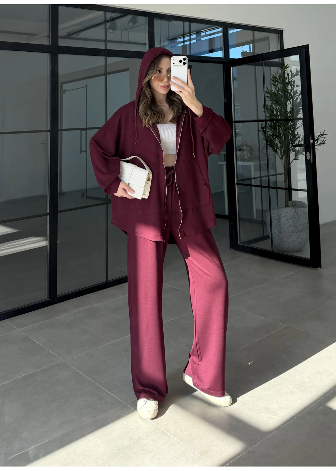 Kapüşonlu Oysh Kumaş Fermuarlı Bordo Spor Takım