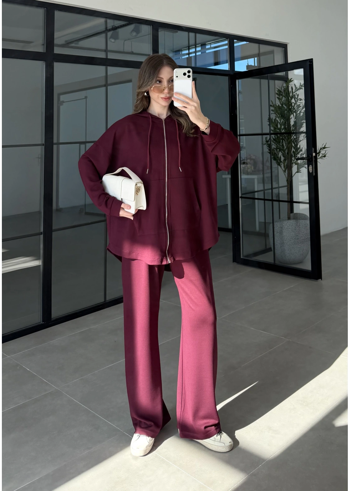 Kapüşonlu Oysh Kumaş Fermuarlı Bordo Spor Takım