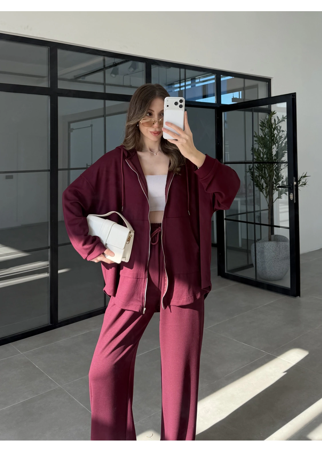 Kapüşonlu Oysh Kumaş Fermuarlı Bordo Spor Takım