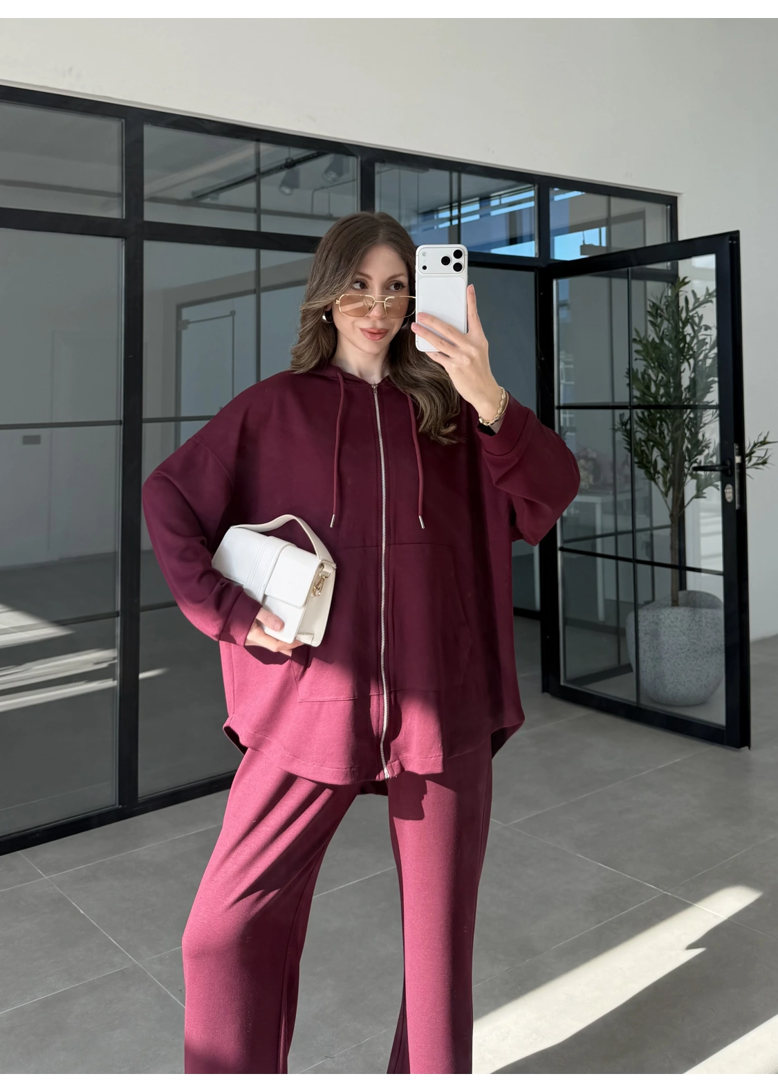 Kapüşonlu Oysh Kumaş Fermuarlı Bordo Spor Takım