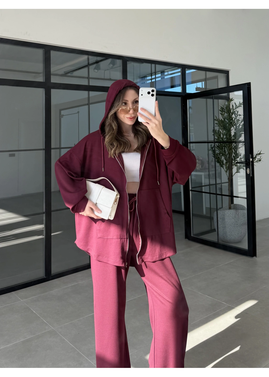 Kapüşonlu Oysh Kumaş Fermuarlı Bordo Spor Takım