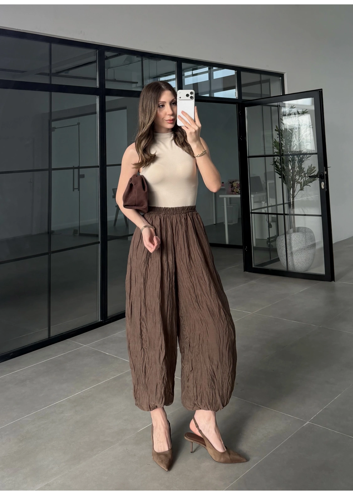 Kırışık Kumaş Kahve Şalvar Pantolon