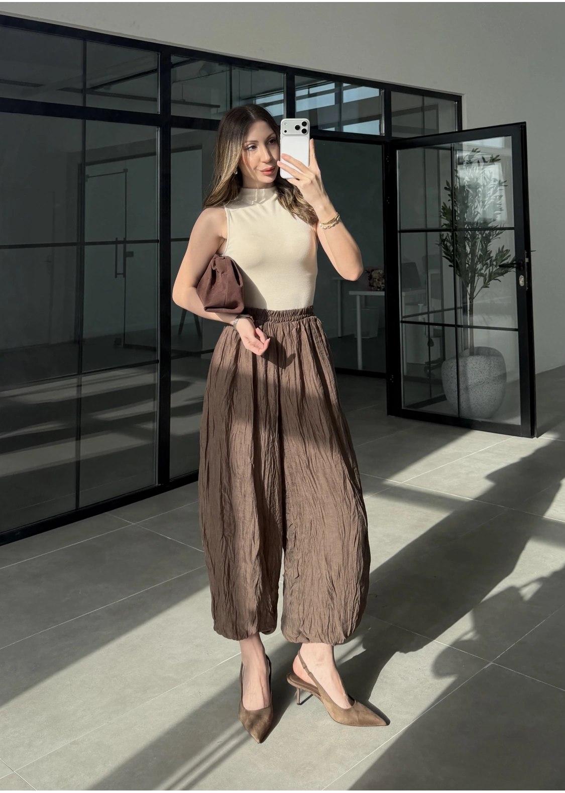 Kırışık Kumaş Kahve Şalvar Pantolon