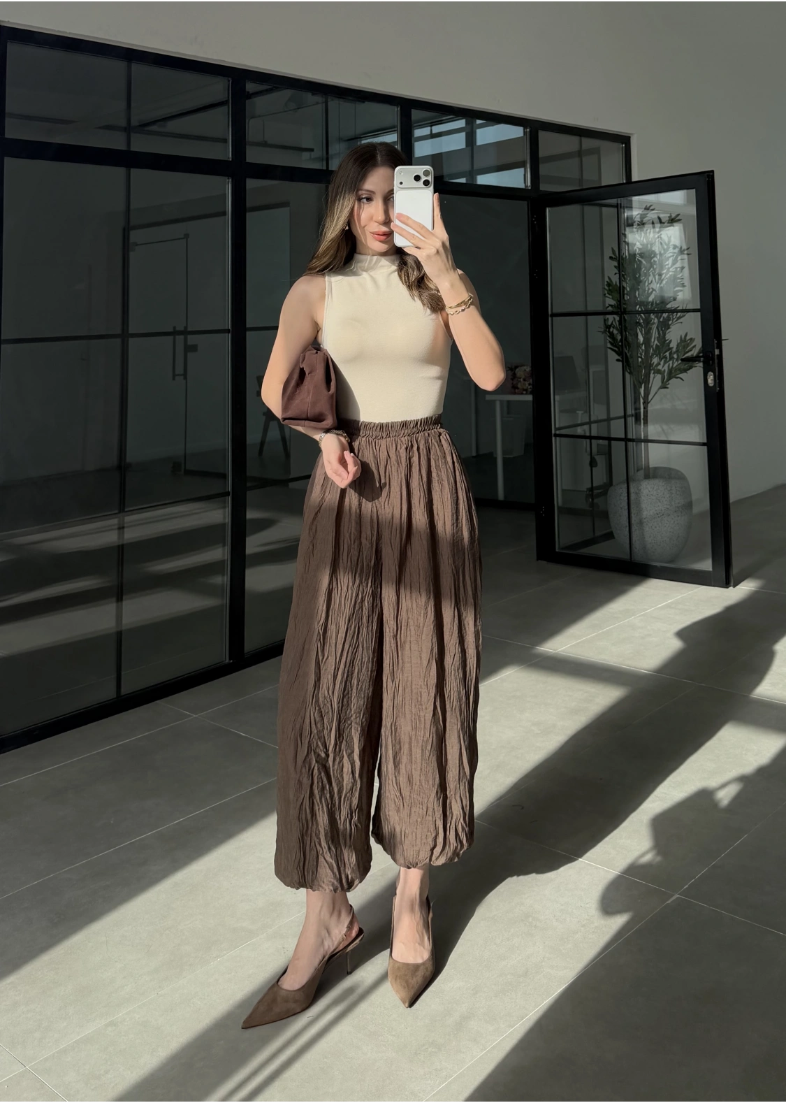 Kırışık Kumaş Kahve Şalvar Pantolon