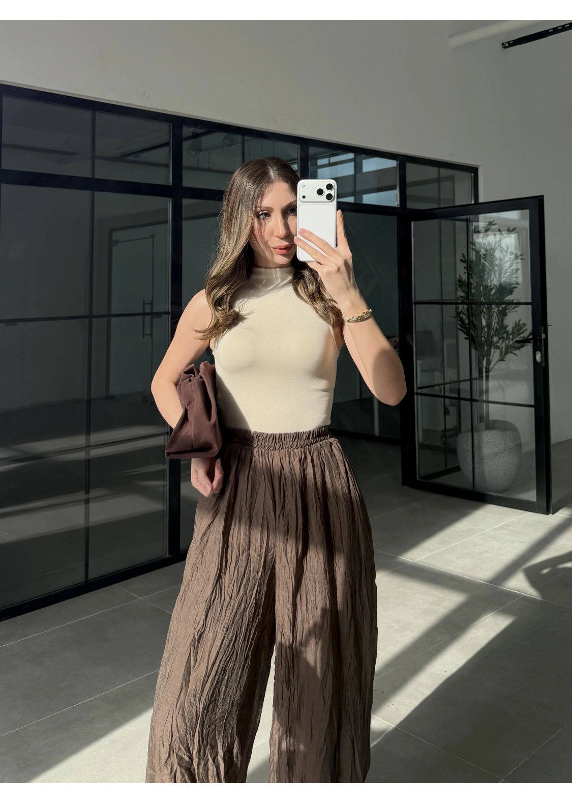 Kırışık Kumaş Kahve Şalvar Pantolon