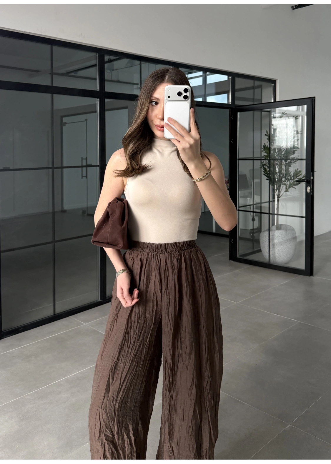 Kırışık Kumaş Kahve Şalvar Pantolon