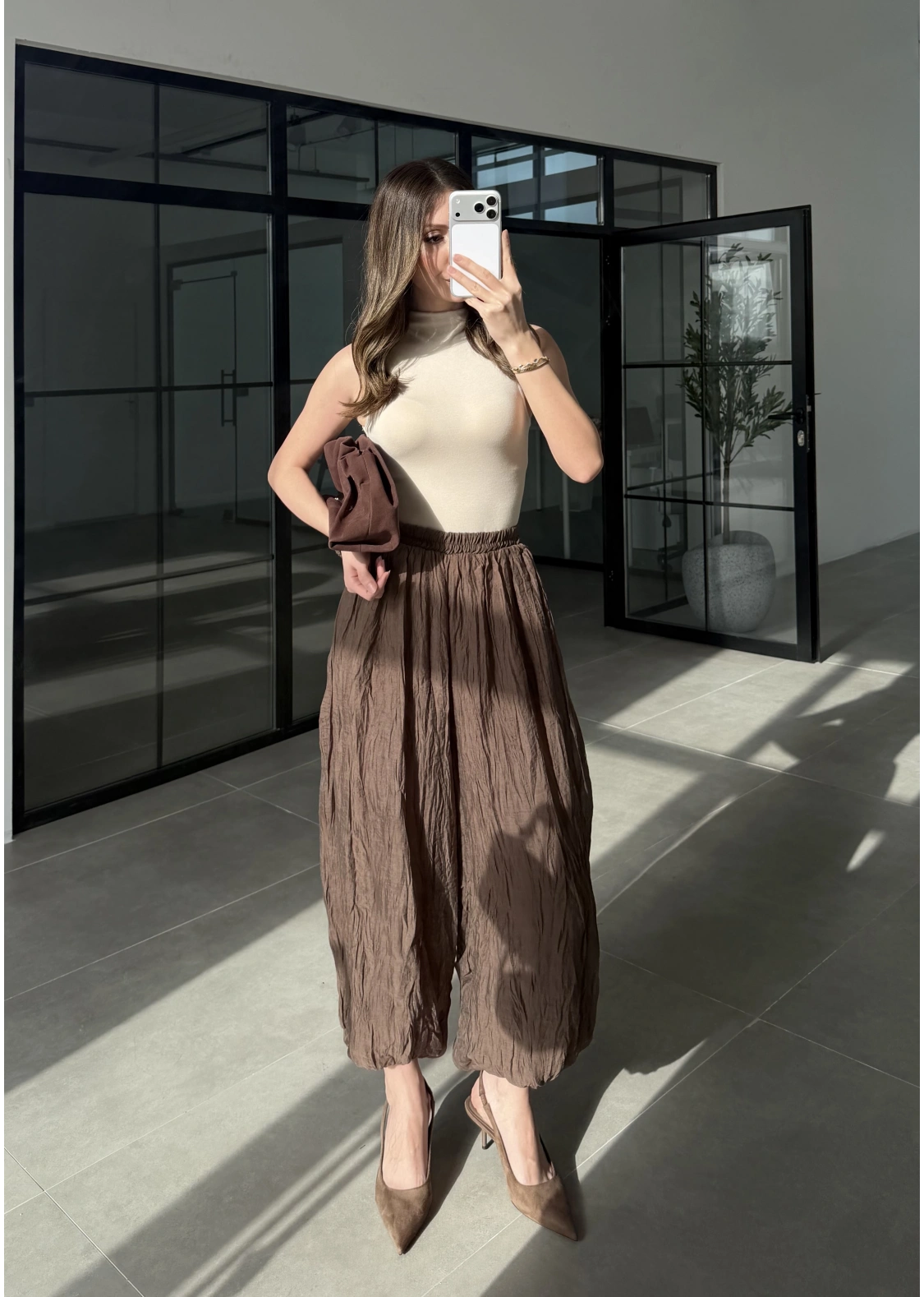 Kırışık Kumaş Kahve Şalvar Pantolon