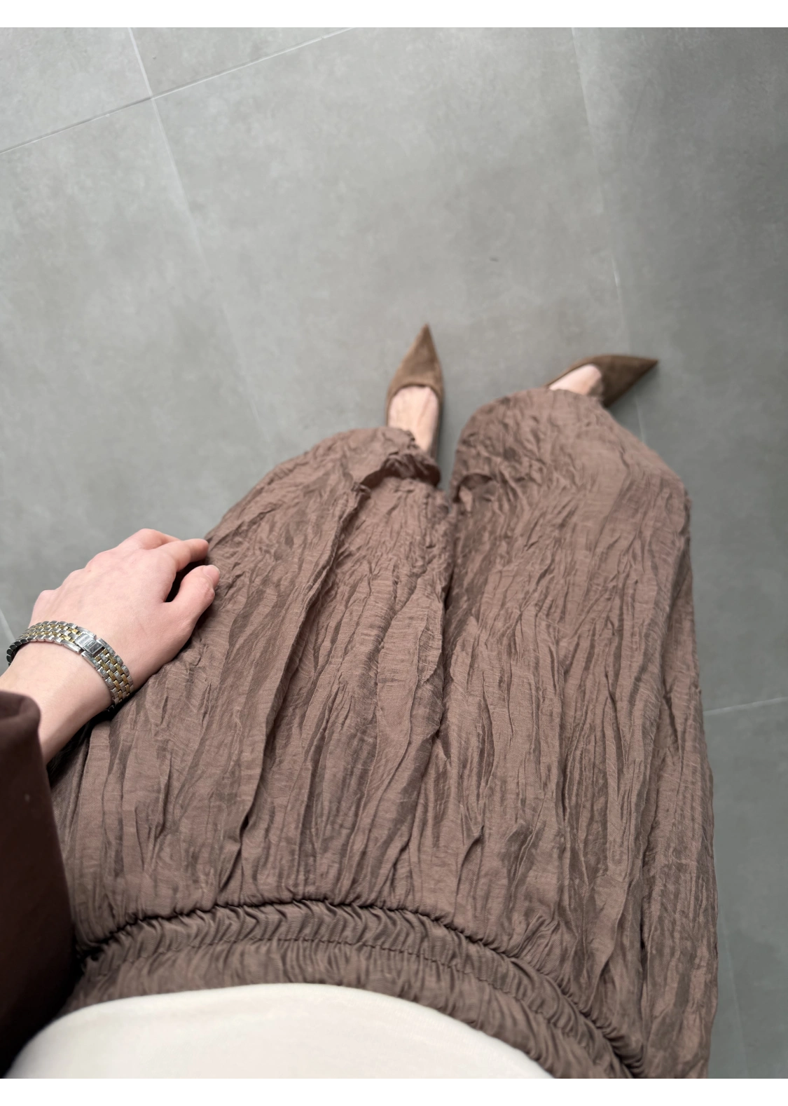 Kırışık Kumaş Kahve Şalvar Pantolon