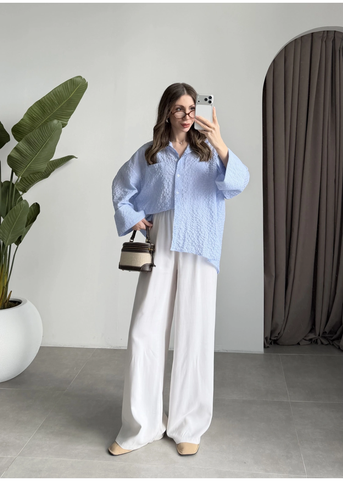 Mavi Pamuklu Oversize Kareli Gömlek