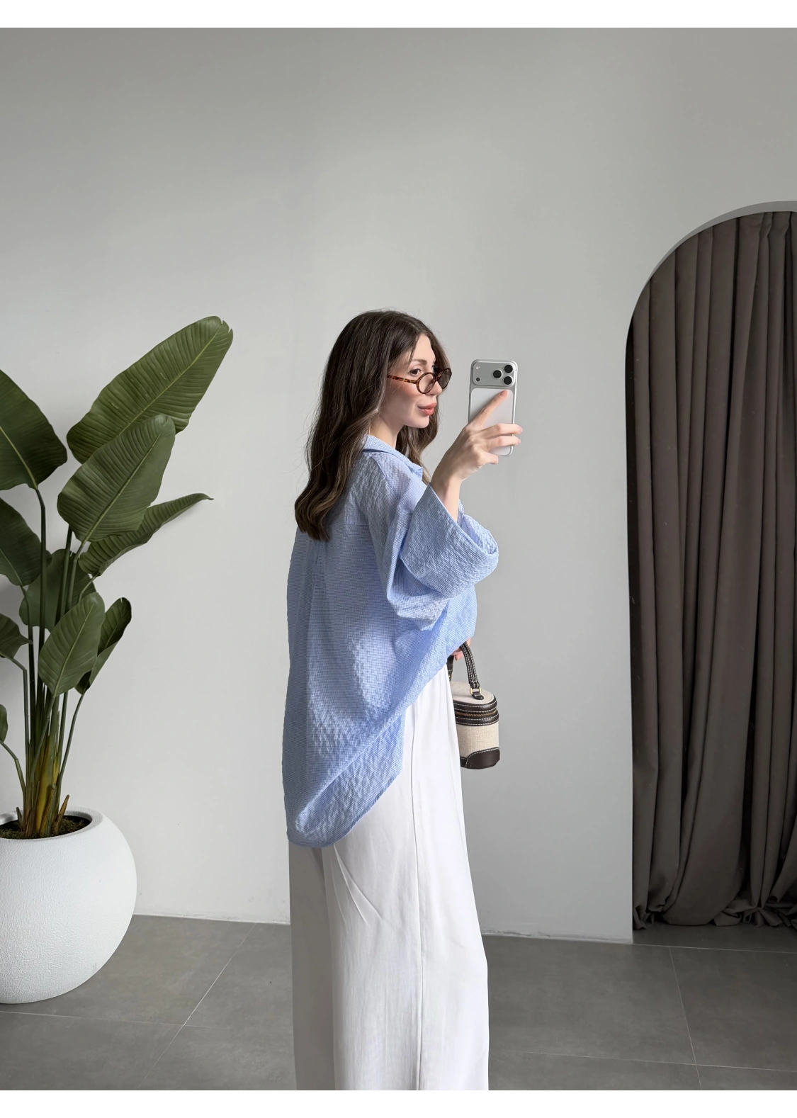 Mavi Pamuklu Oversize Kareli Gömlek