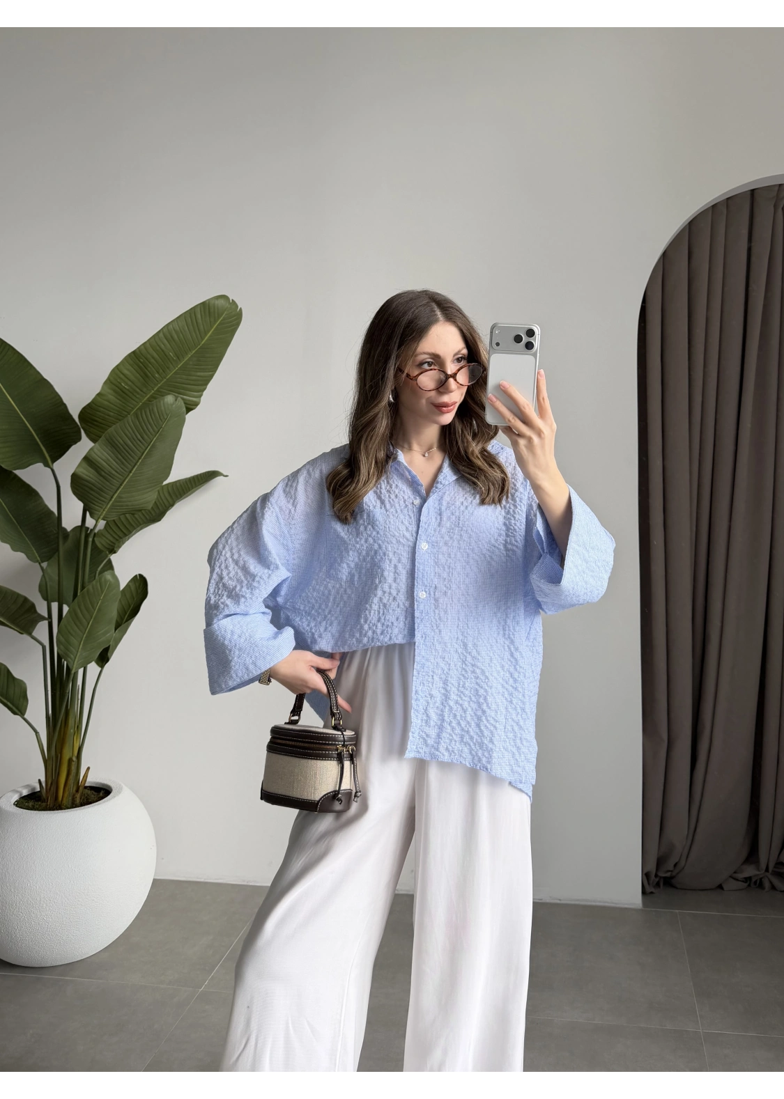 Mavi Pamuklu Oversize Kareli Gömlek