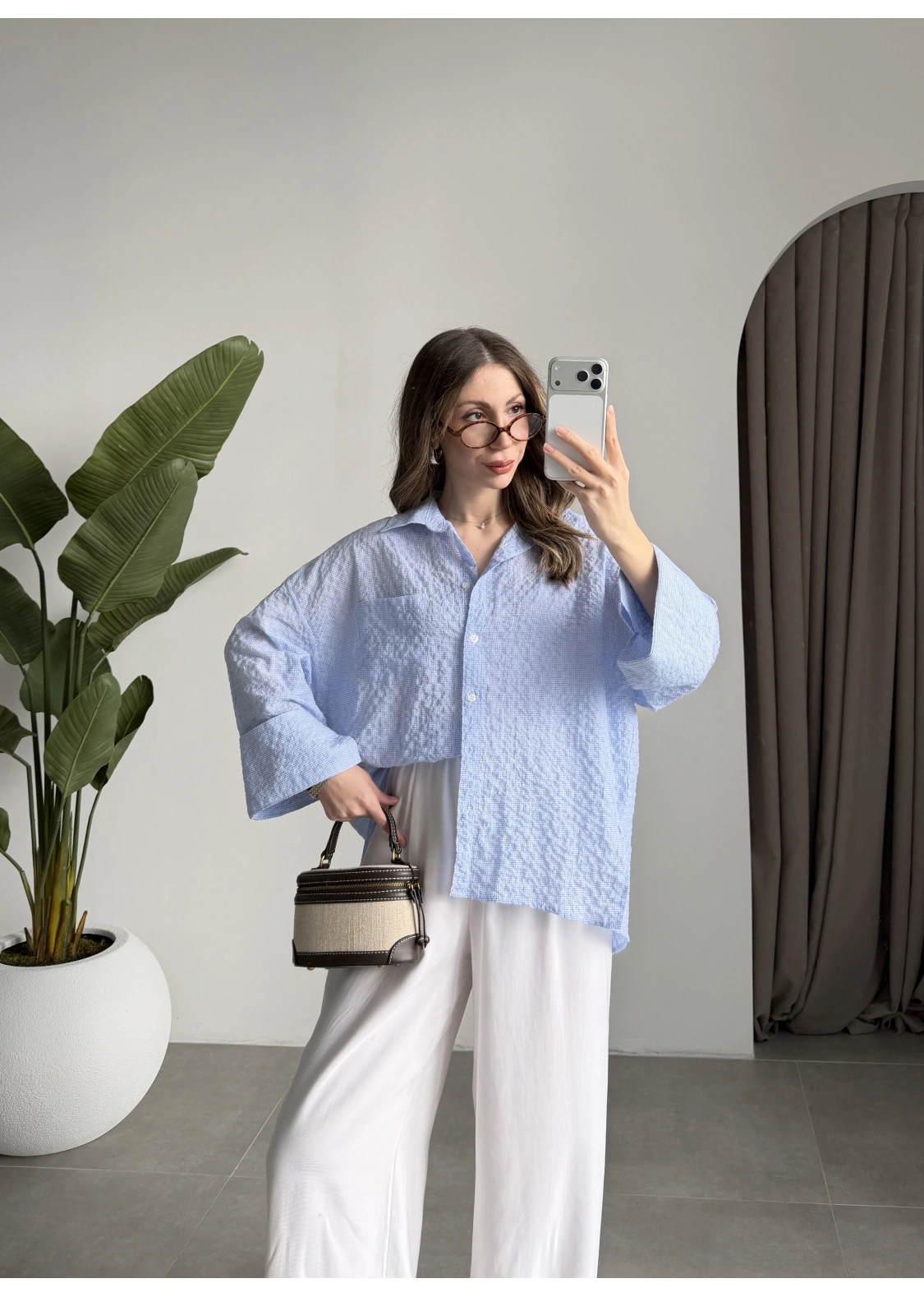 Mavi Pamuklu Oversize Kareli Gömlek