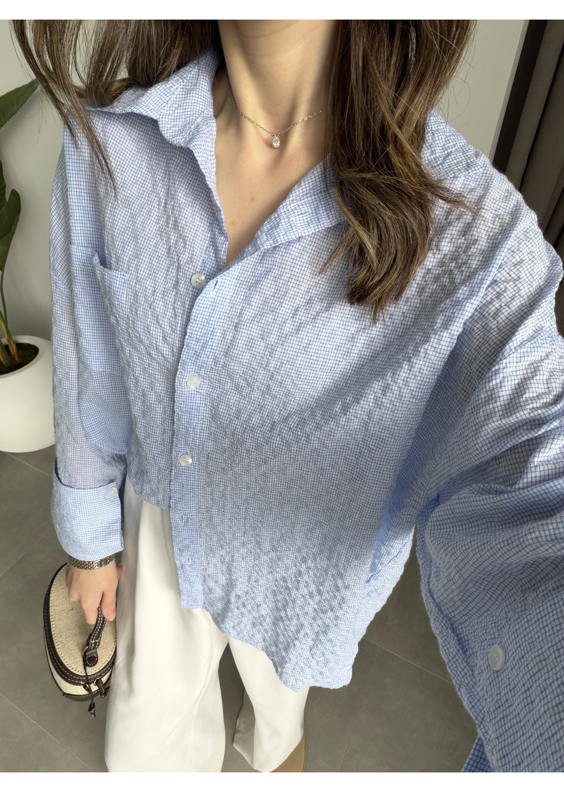 Mavi Pamuklu Oversize Kareli Gömlek