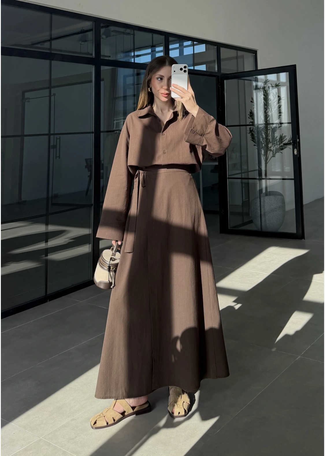 Anvelop Keten Etekli Kahve Gömlek Takım