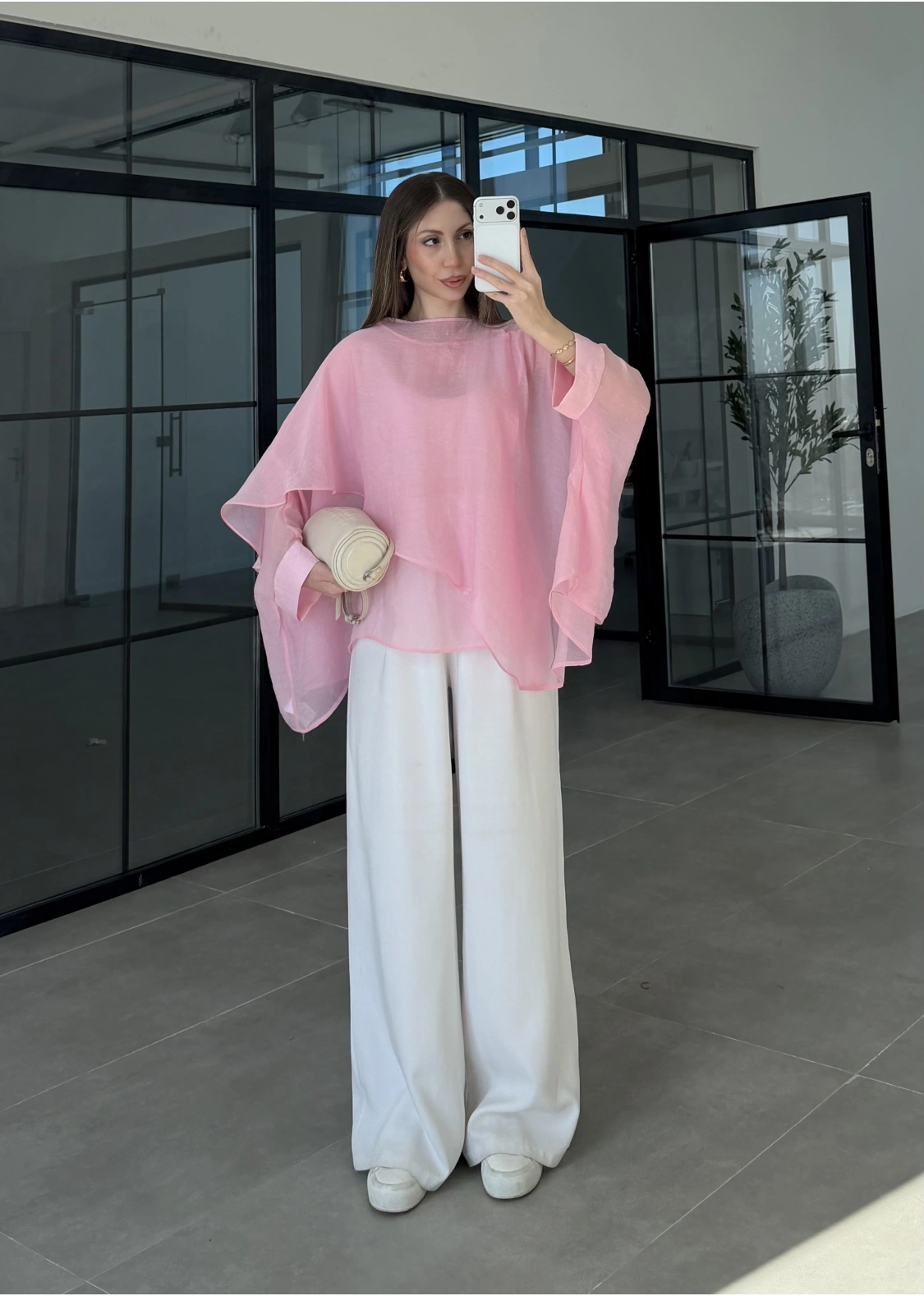 Uçuşan Pelerin Pembe Tül Bluz