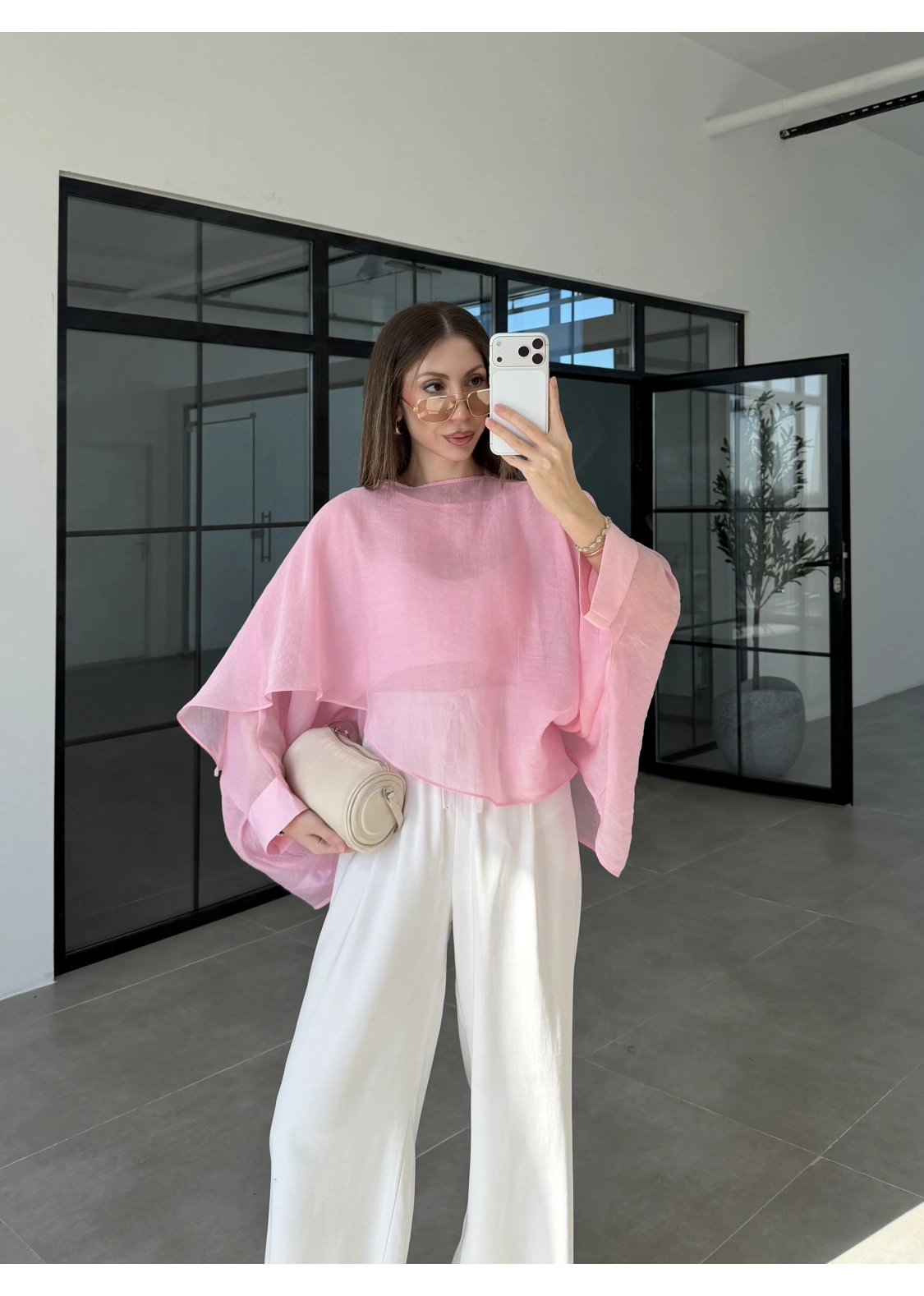 Uçuşan Pelerin Pembe Tül Bluz