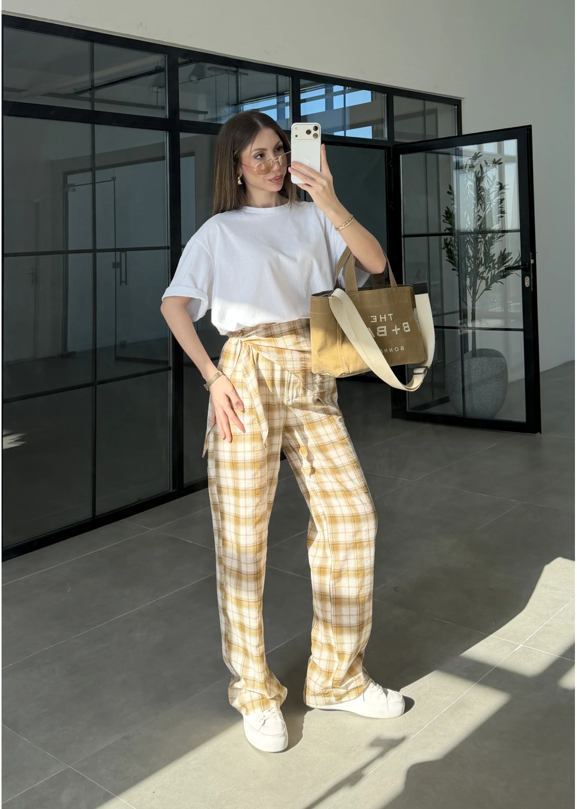 Ekose Bağlamalı Hardal Pantolon