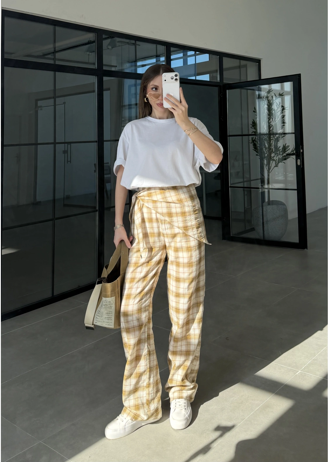 Ekose Bağlamalı Hardal Pantolon