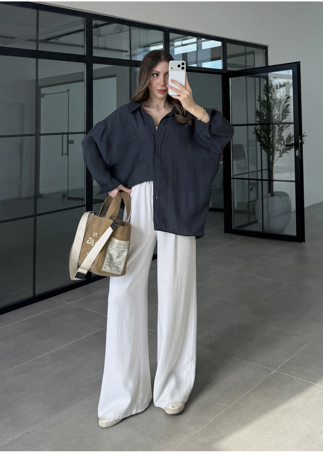 Oversize Tensel Vintage Lacivert Gömlek