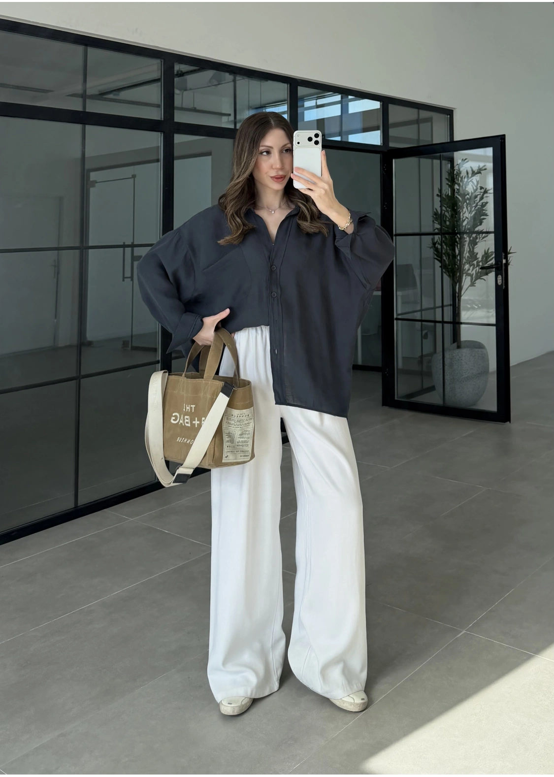 Oversize Tensel Vintage Lacivert Gömlek