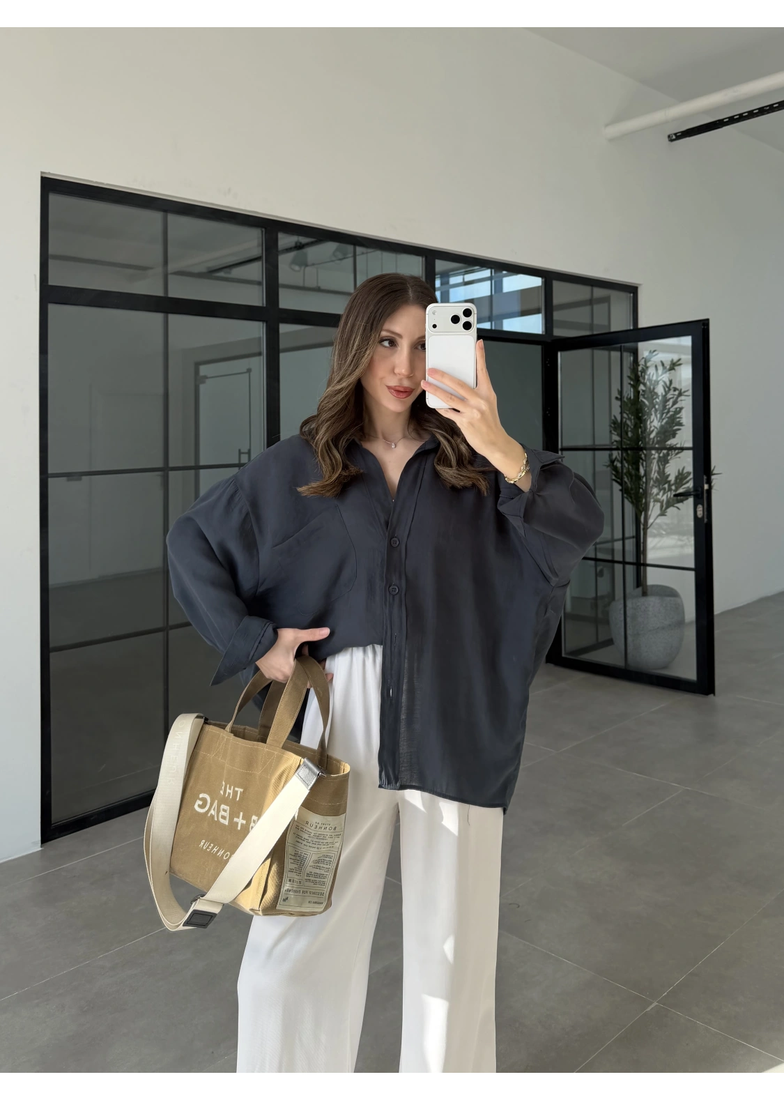 Oversize Tensel Vintage Lacivert Gömlek