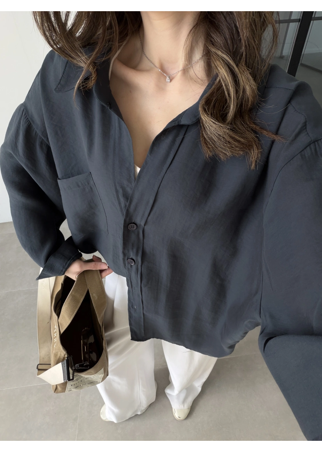 Oversize Tensel Vintage Lacivert Gömlek