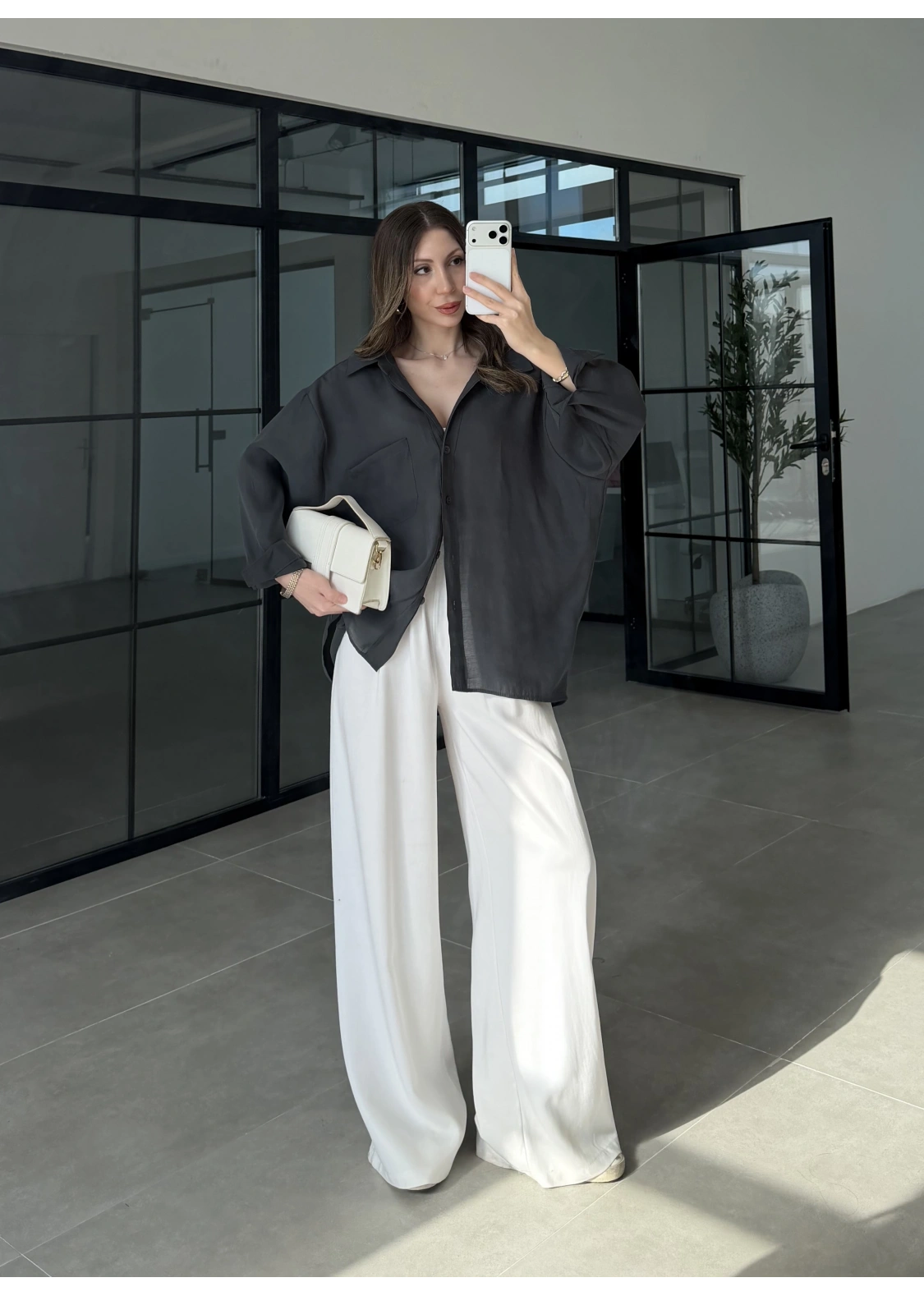 Oversize Tensel Vintage Antrasit Gömlek