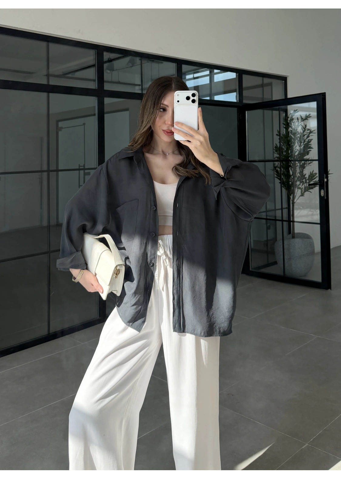 Oversize Tensel Vintage Antrasit Gömlek