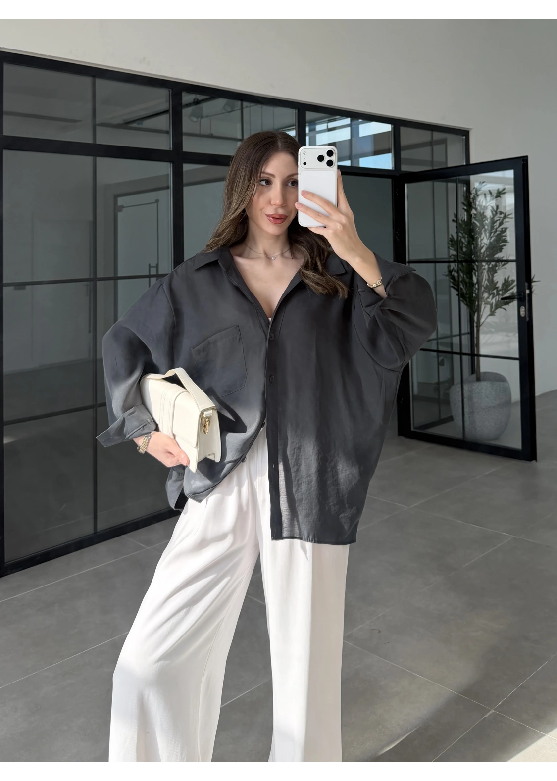 Oversize Tensel Vintage Antrasit Gömlek