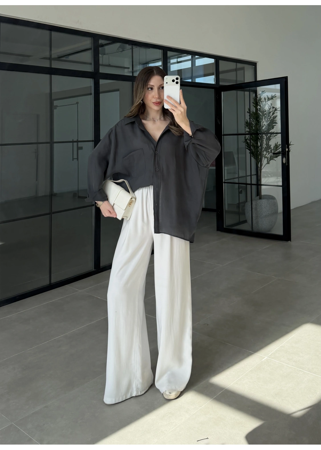 Oversize Tensel Vintage Antrasit Gömlek