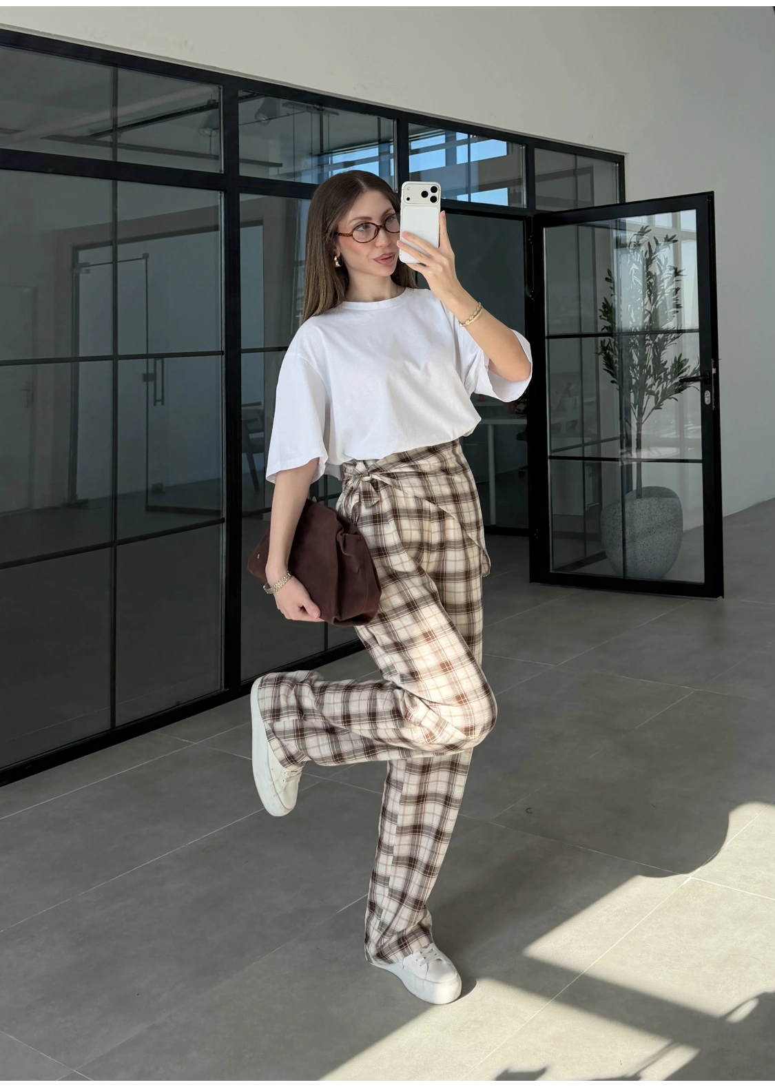 Ekose Bağlamalı Kahve Pantolon