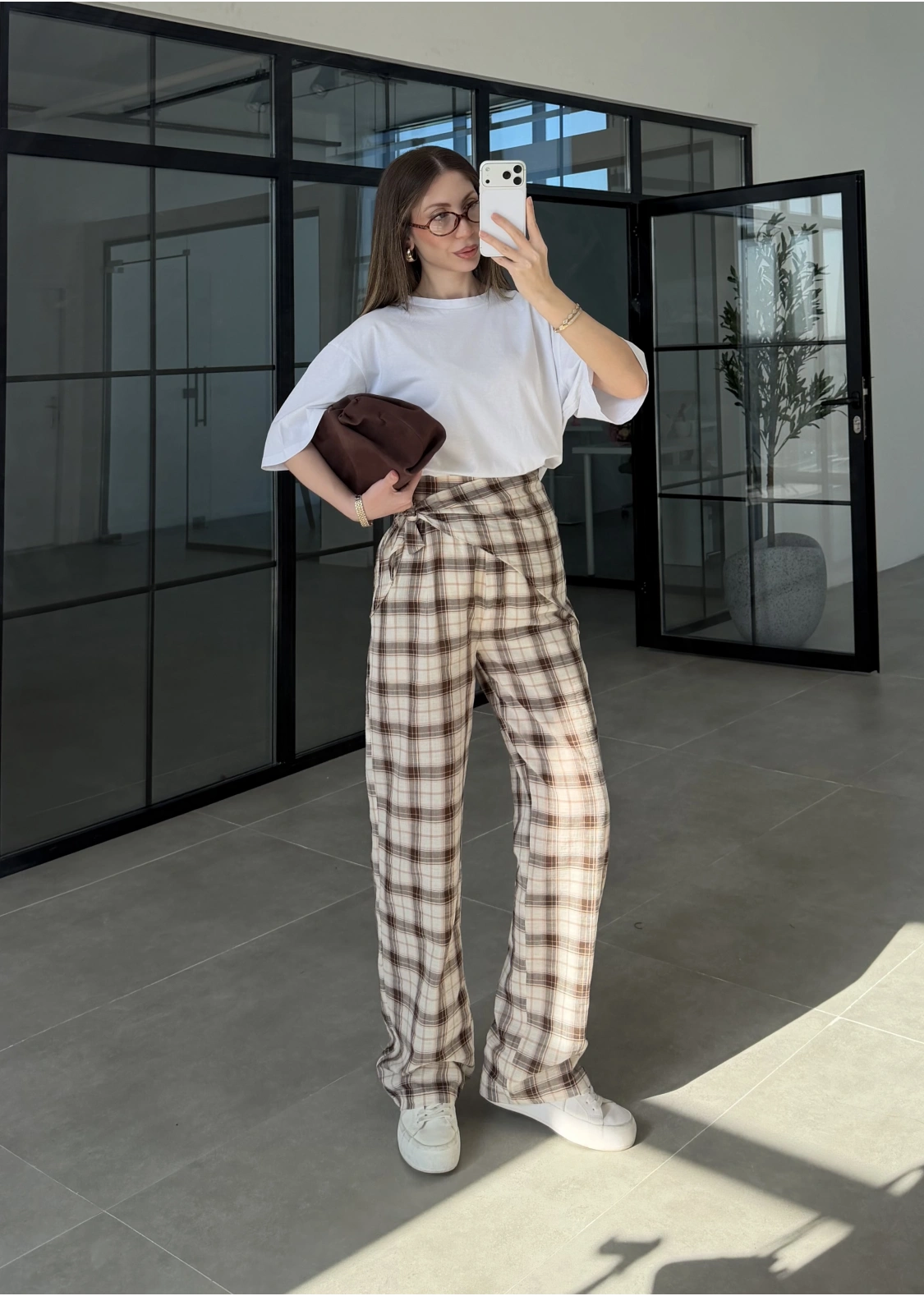 Ekose Bağlamalı Kahve Pantolon