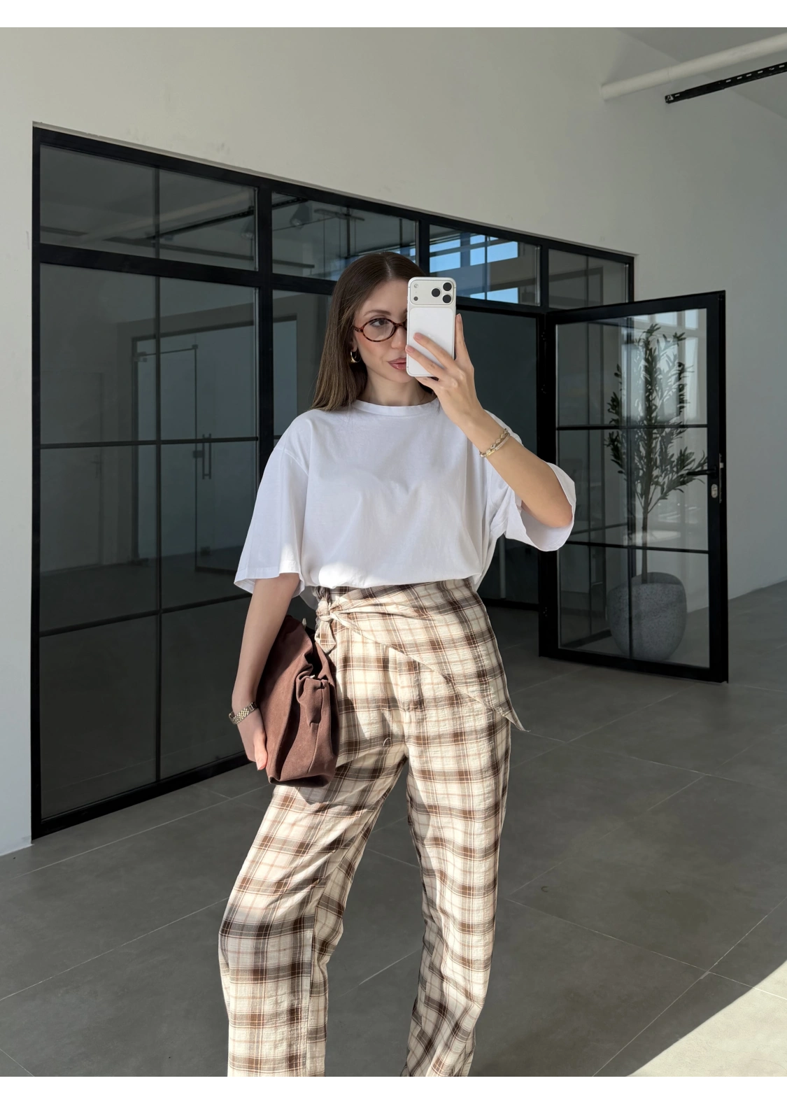 Ekose Bağlamalı Kahve Pantolon