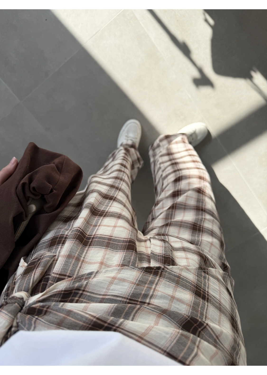 Ekose Bağlamalı Kahve Pantolon