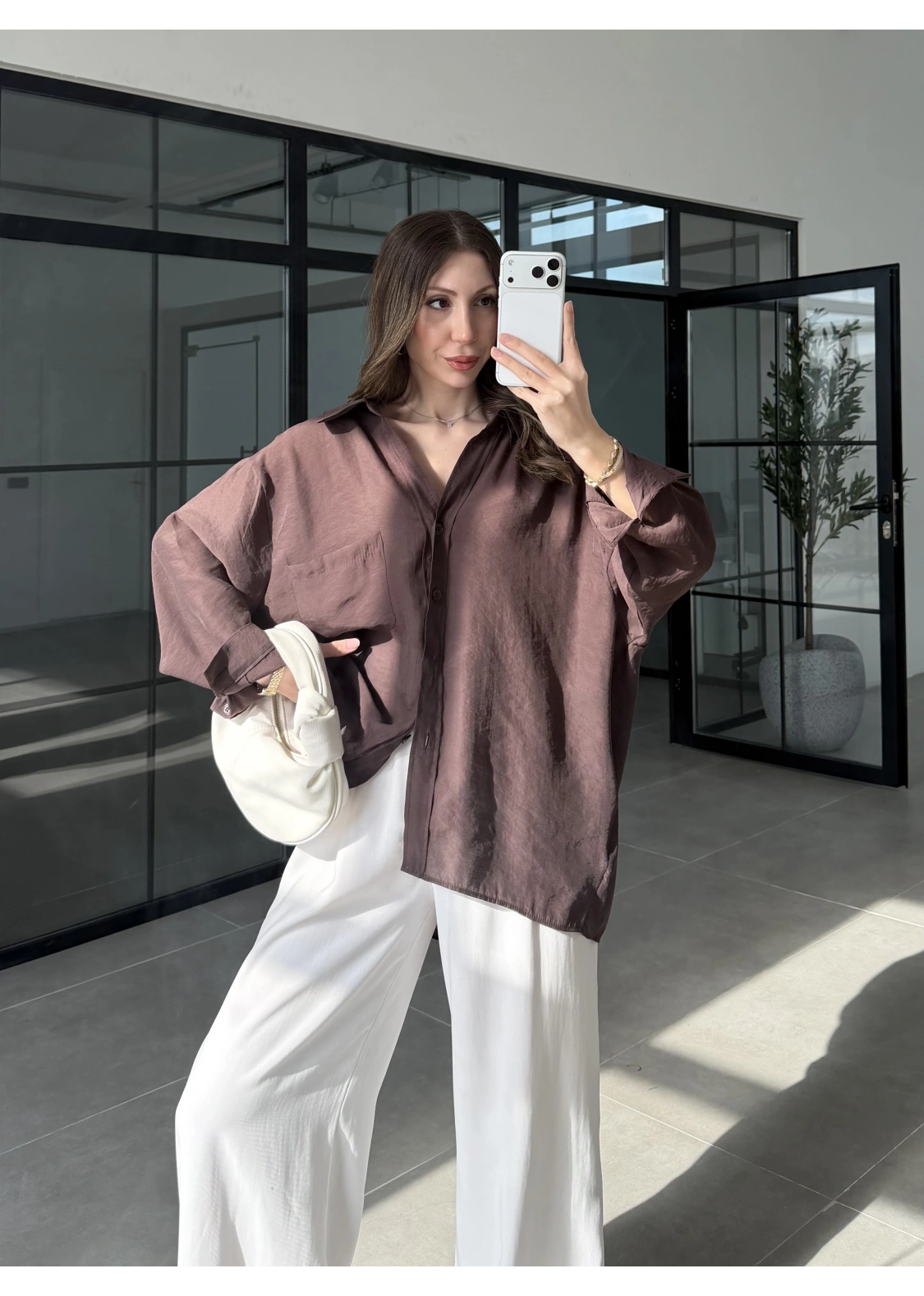 Oversize Tensel Vintage Kahve Gömlek