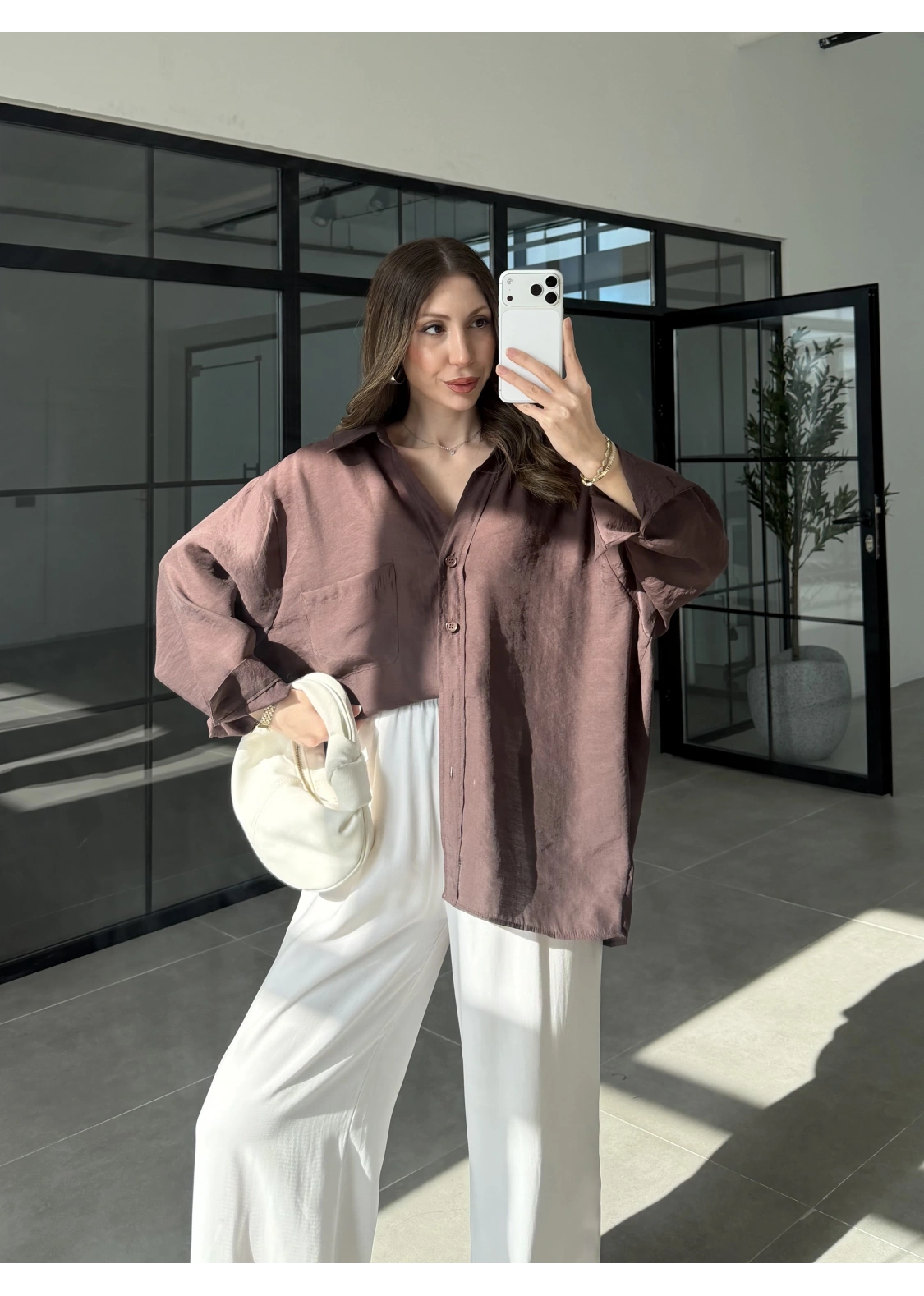 Oversize Tensel Vintage Kahve Gömlek