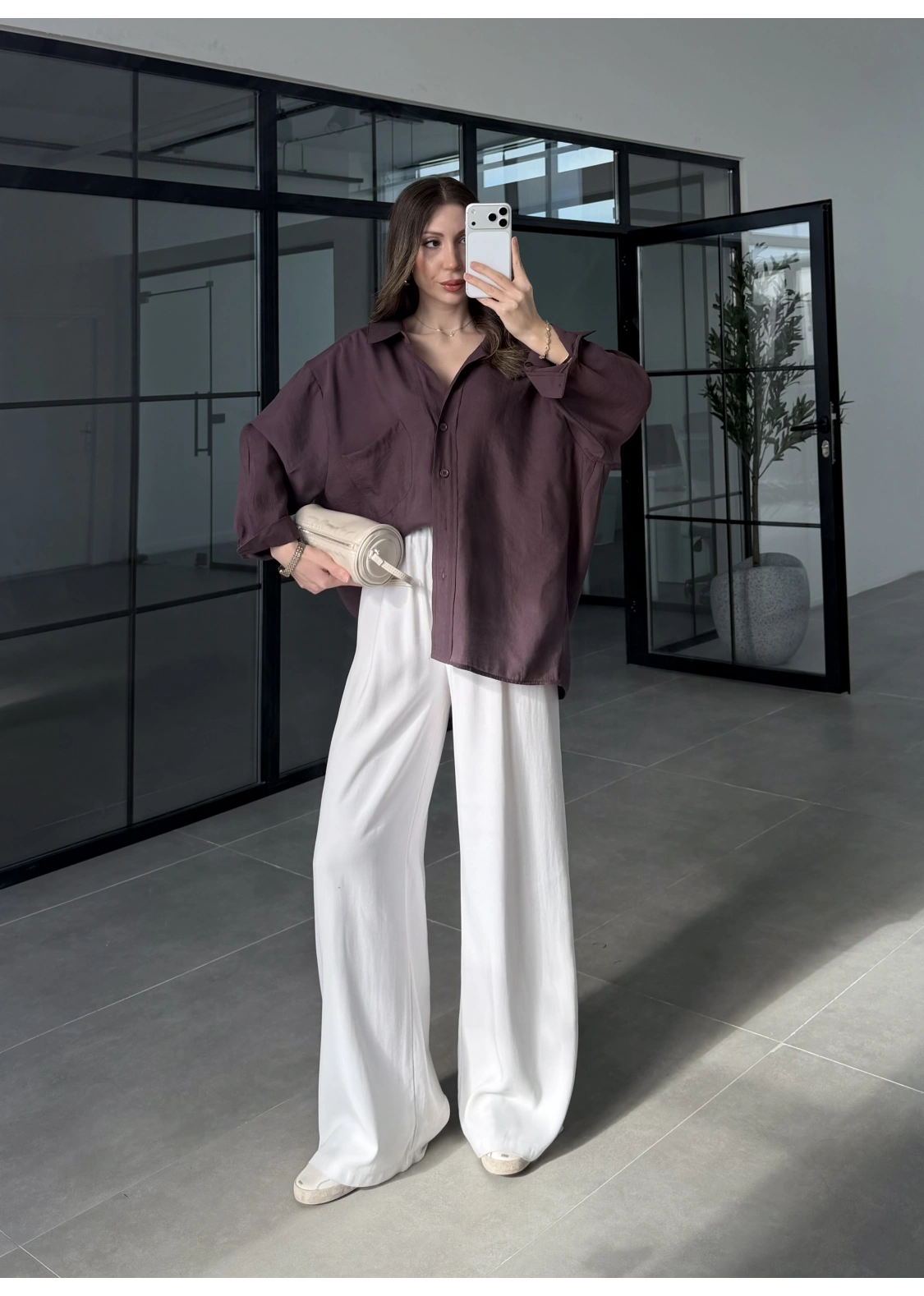 Mürdüm Oversize Tensel Gömlek