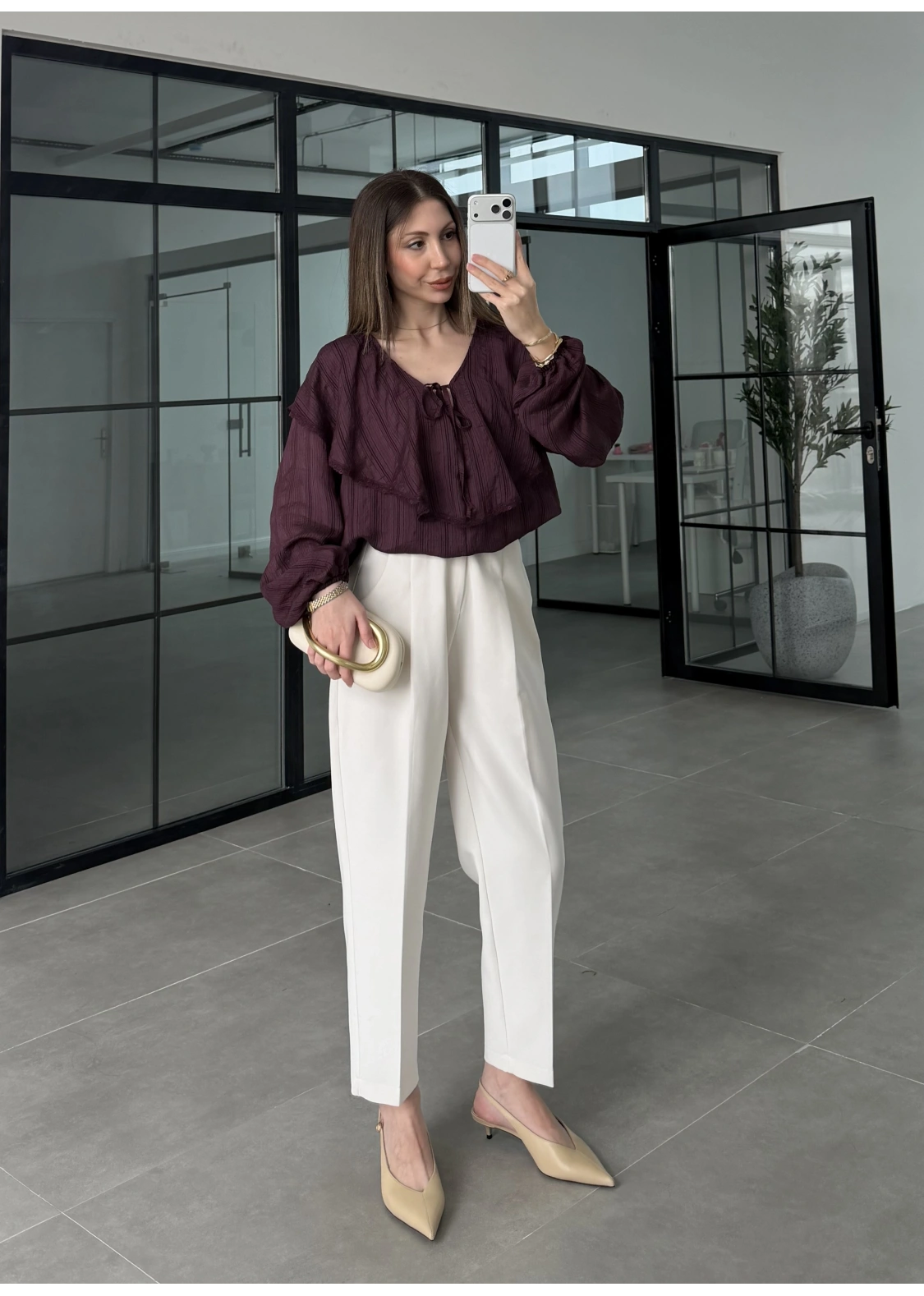 Pelerin Yaka Dantel İşlemeli Mürdüm Gömlek